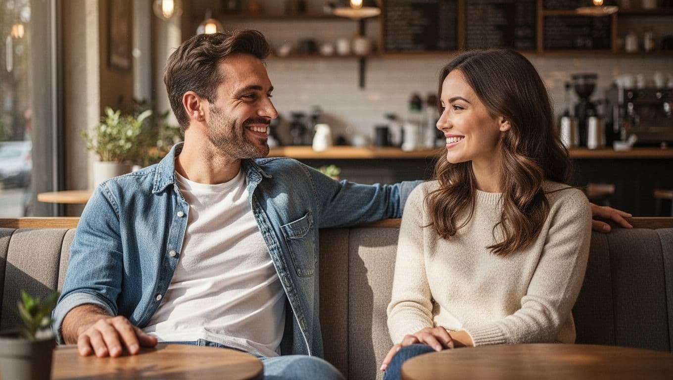 A man and woman laughing together while sitting at a cozy coffee shop table.