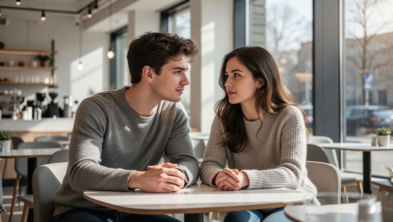 A man and woman sharing an engaged conversation at a small table inside a bright cafe.