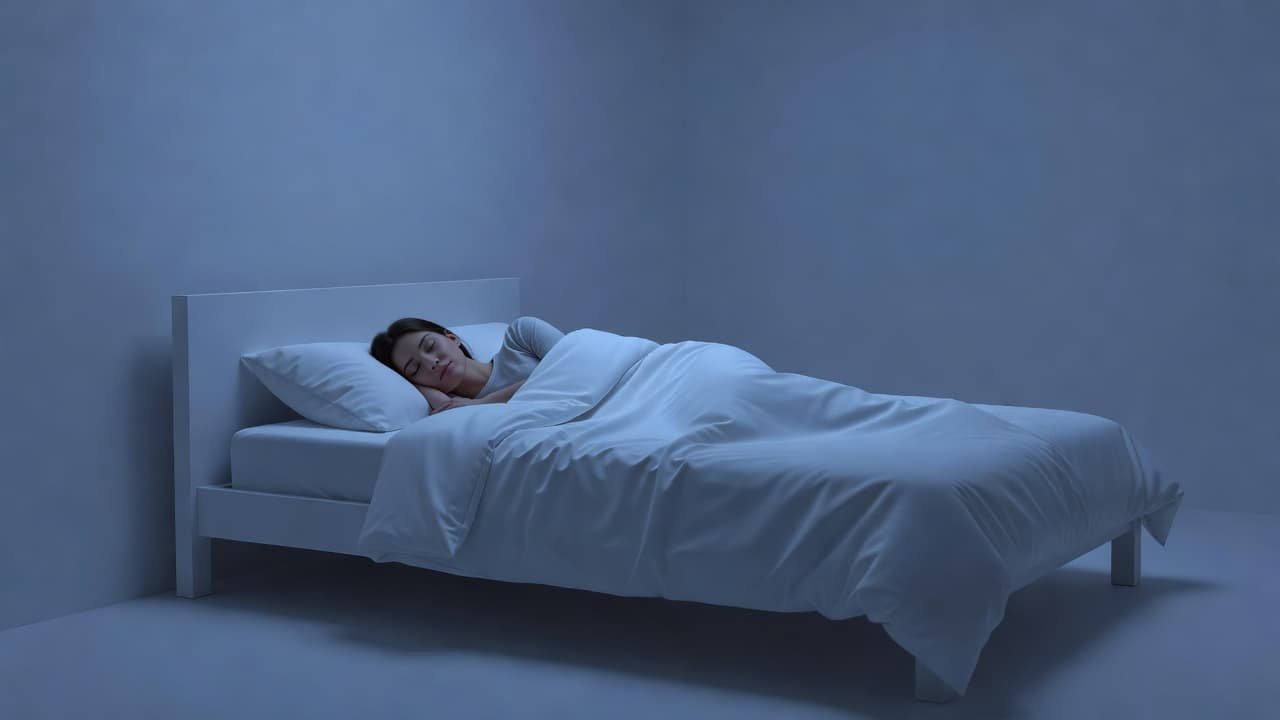 A person sleeping in a quiet minimalist bedroom with soft blue light.