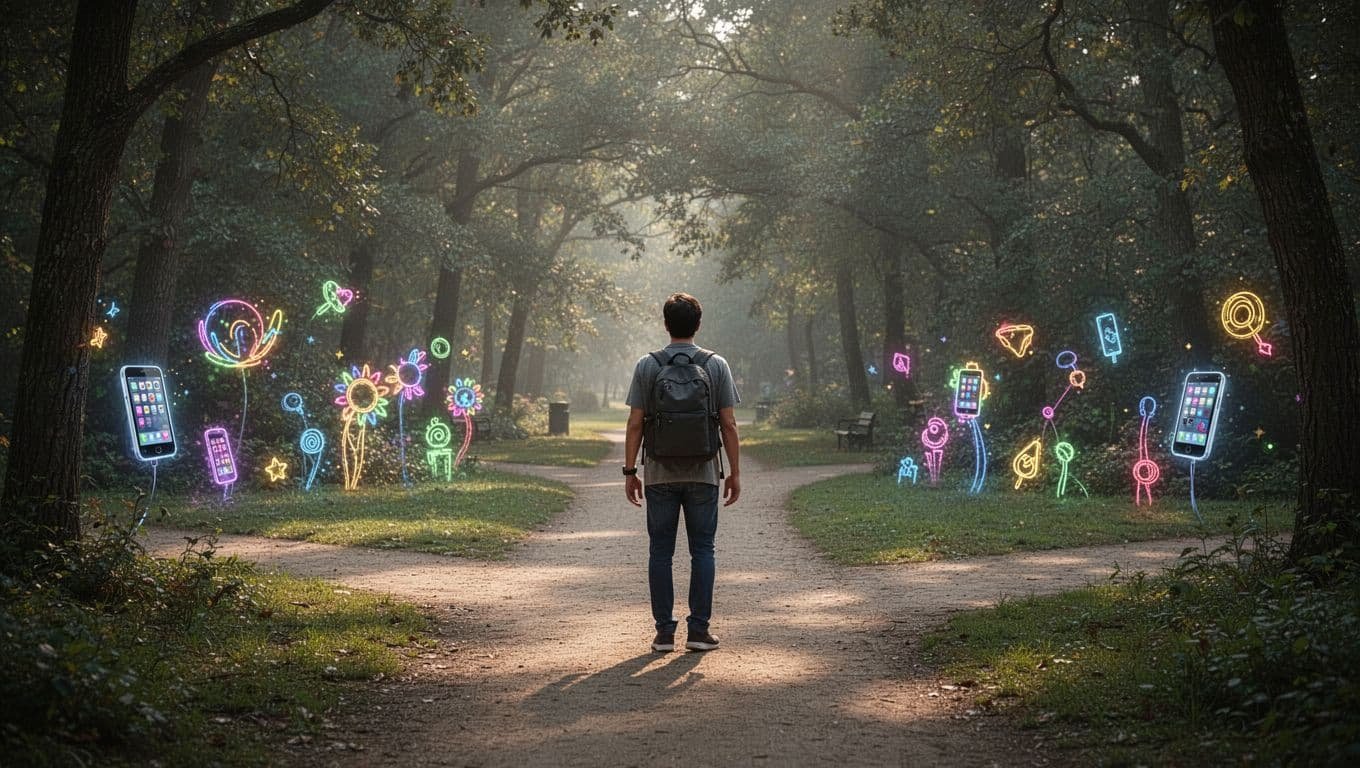 A person chooses a quiet, forested trail over a path filled with bright, distracting digital signs.