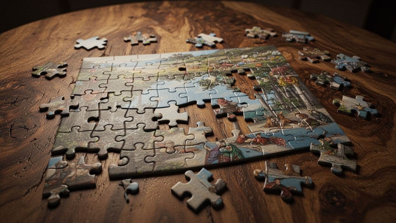 A wooden table holding a partially completed puzzle with missing pieces under moody lighting.