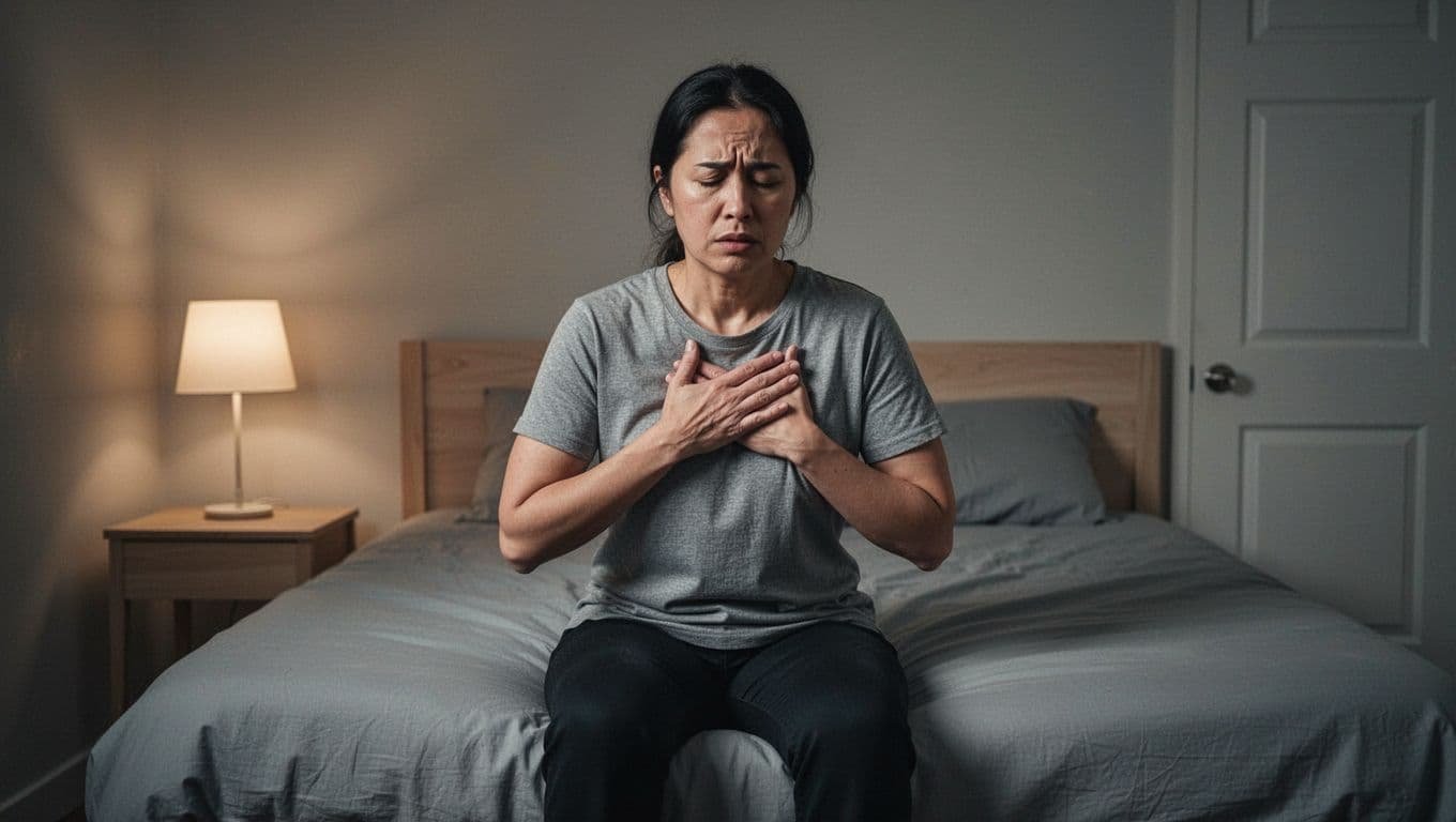 An unwell person sits on the edge of a bed looking worried while holding their chest.