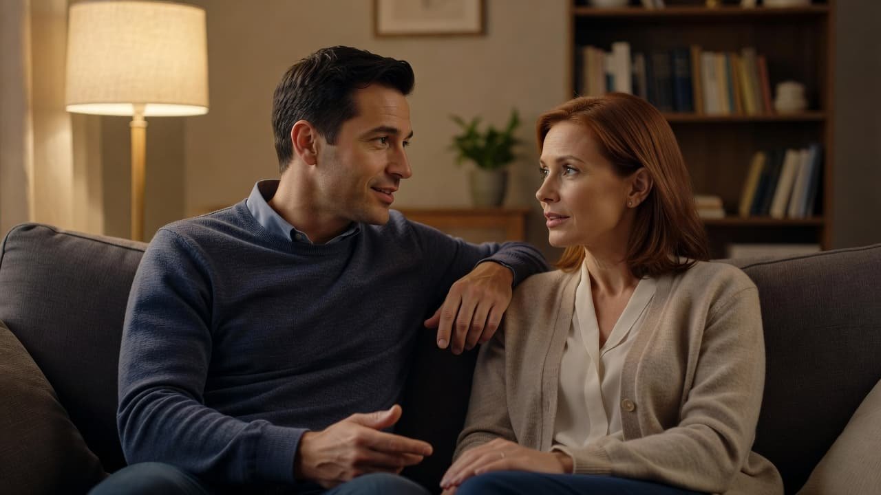 A man and woman sit peacefully on a comfortable couch while looking at each other.