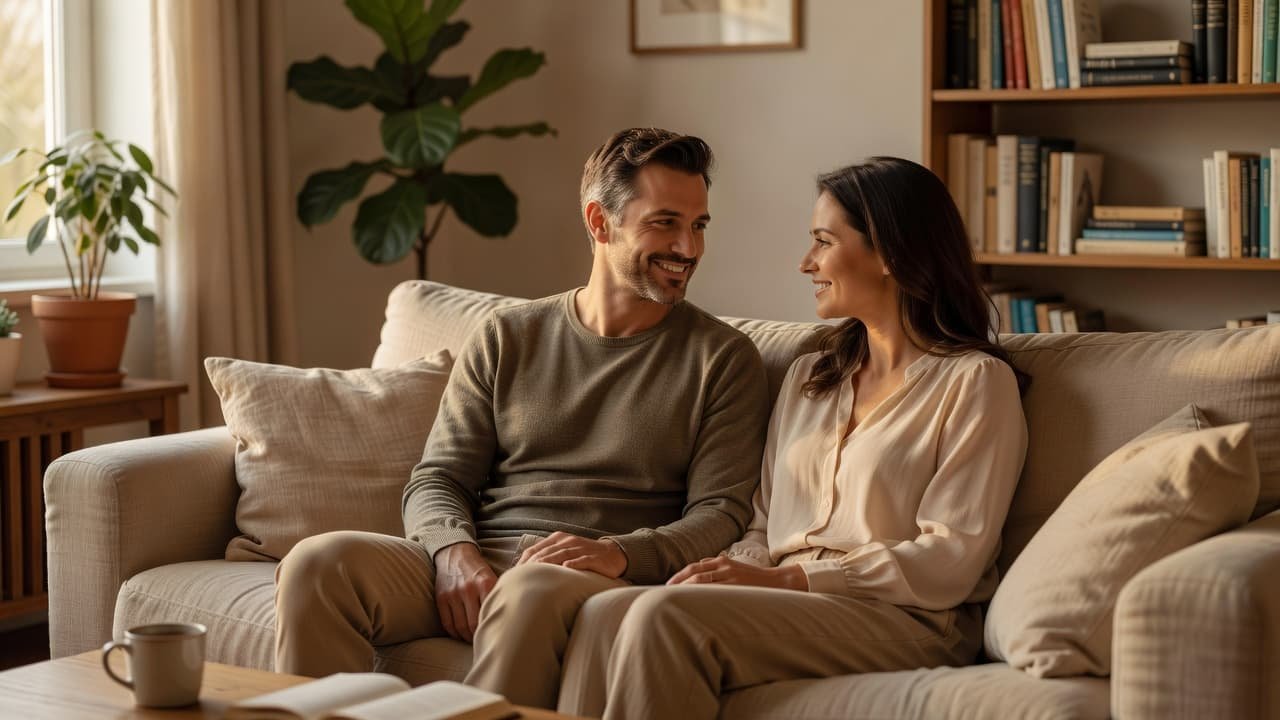 A man and woman sit on a cozy couch together while engaged in a quiet, relaxed conversation.