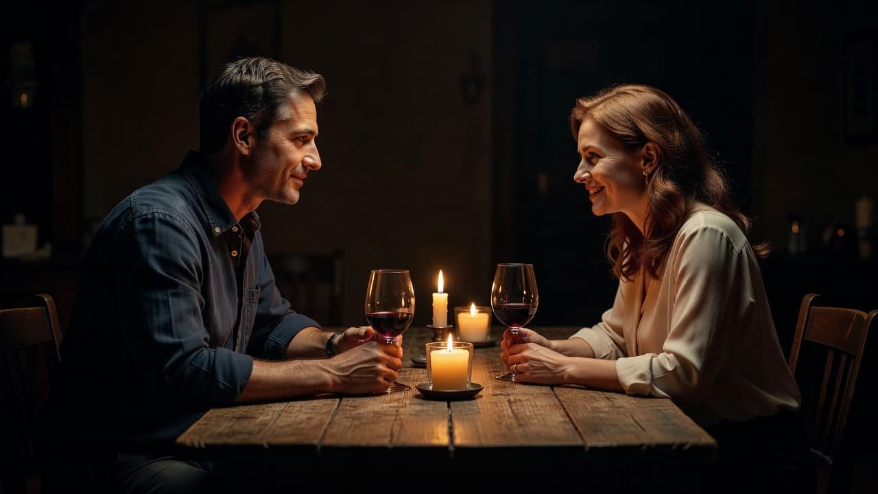 A couple engages in a deep conversation across a wooden table illuminated by soft, golden candlelight. Dark surroundings create high contrast, highlighting their expressive faces and shared sense of intimacy.