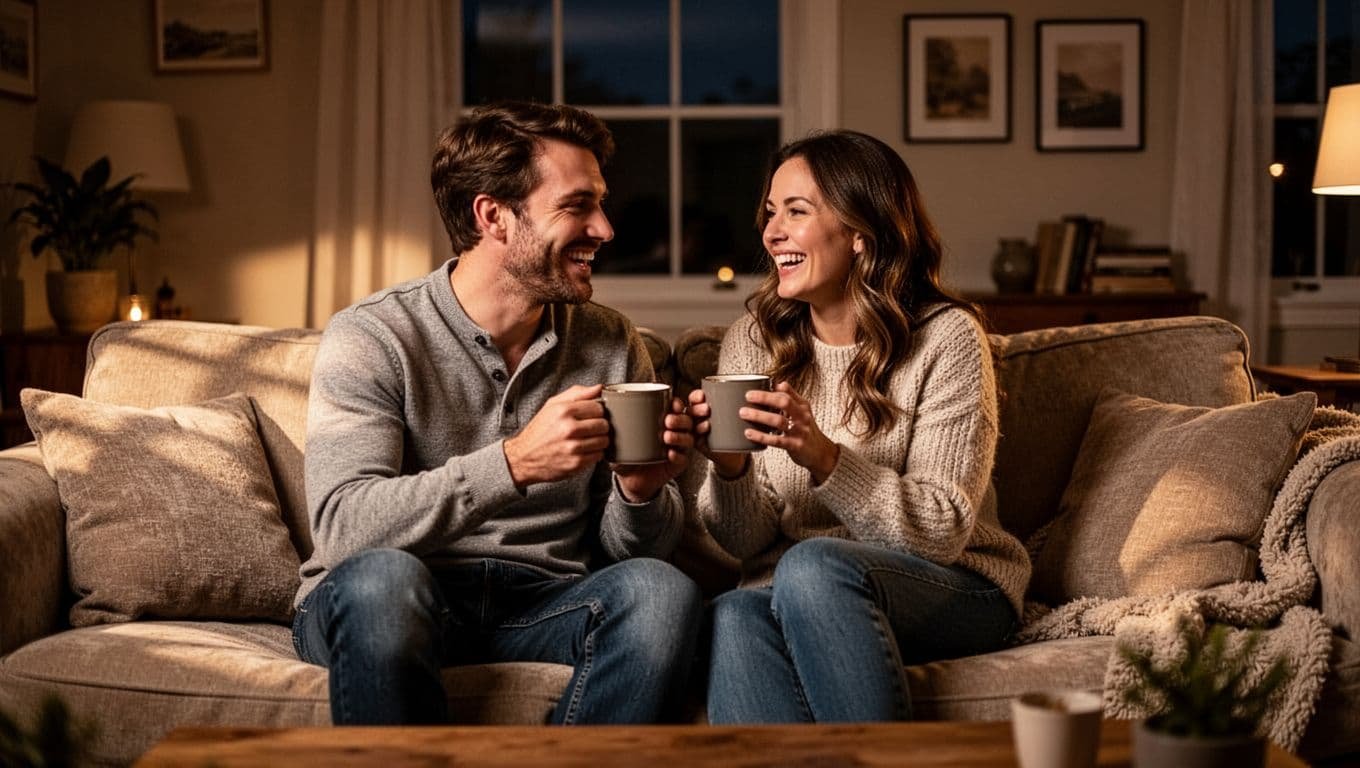 A married couple sits close together on a sofa at night, talking warmly and smiling with mugs in hand, creating a calm and intimate home setting.