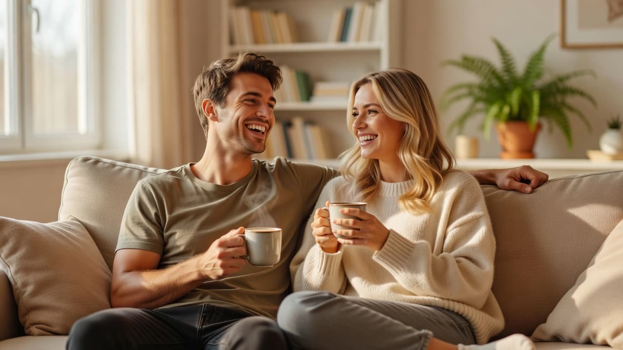 A happy young couple laughing while holding mugs of coffee on a comfortable living room couch.