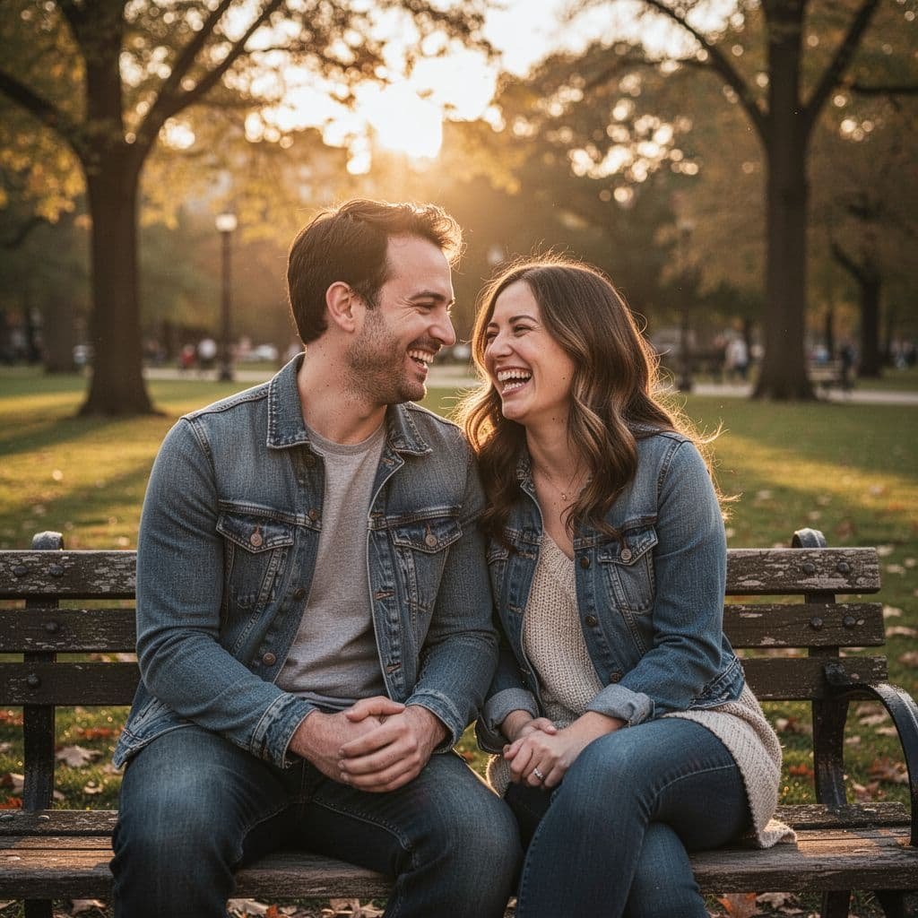 A smiling couple laughing together on a park bench at sunset.