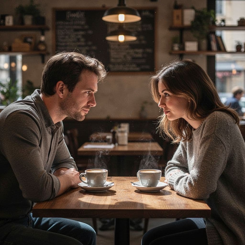 A man and woman sitting across from each other at a cafe table using mirrored posture.