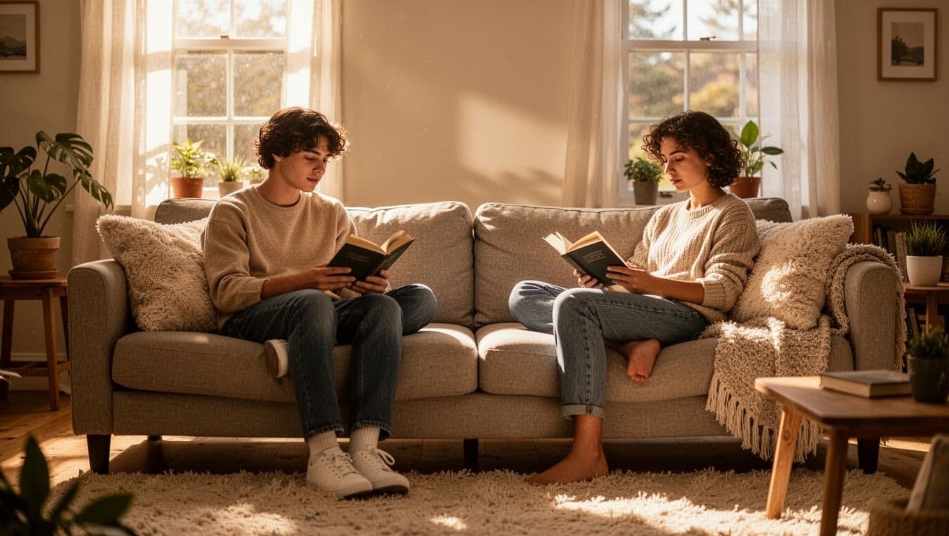 A young couple sitting on a sunny sofa reading books in a cozy home environment.