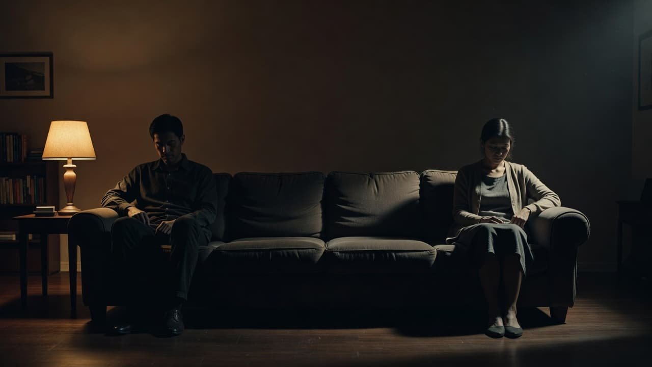 A man and woman sit far apart on a couch in a dark, dimly lit room.