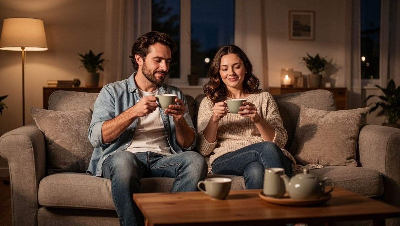 A married couple sits closely on a plush sofa within a dimly lit living room, holding warm mugs of tea. Soft ambient lighting creates a cozy, intimate atmosphere for evening conversation.