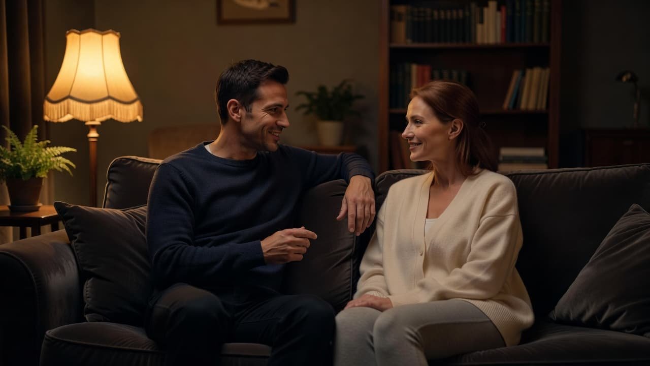 A man and woman sit closely together on a plush sofa, bathed in the soft, warm glow of a nearby floor lamp. They focus entirely on each other in the quiet room.