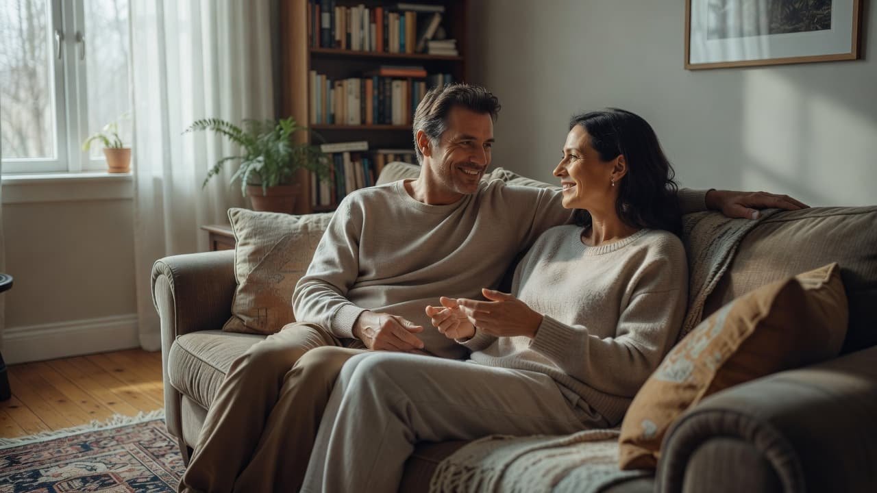 A man and woman sitting together on a couch sharing a warm, sincere conversation.