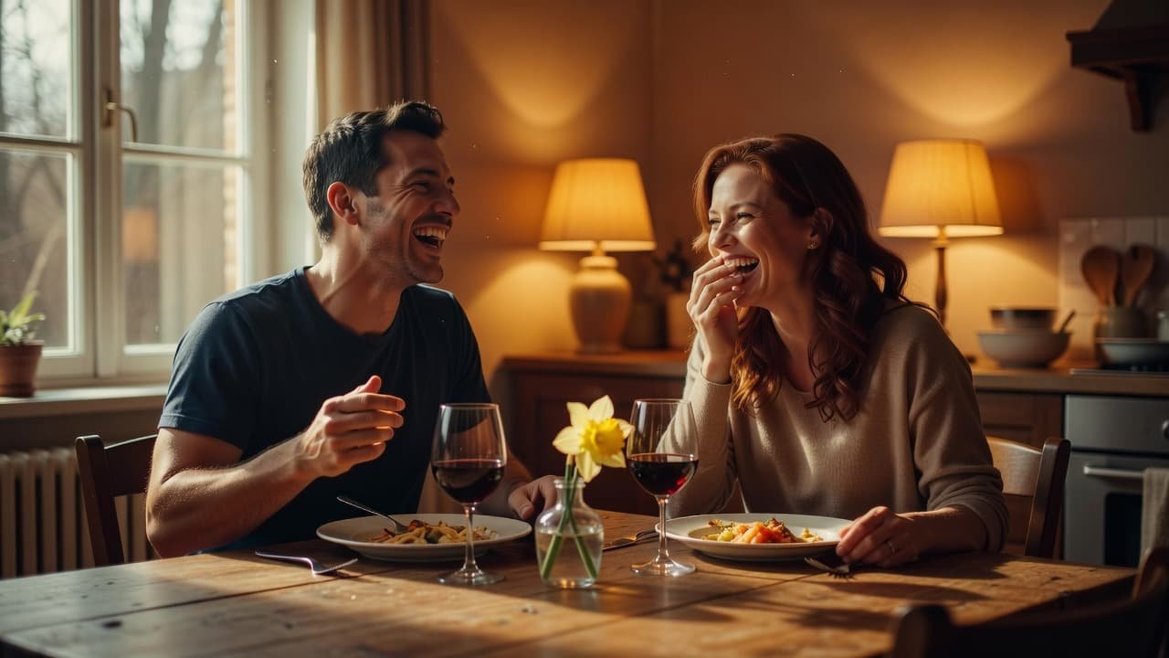 A man and woman laugh together while dining at a wooden home table. Soft golden hour light illuminates their faces, highlighting a shared meal in a warm, cozy, and romantic atmosphere.