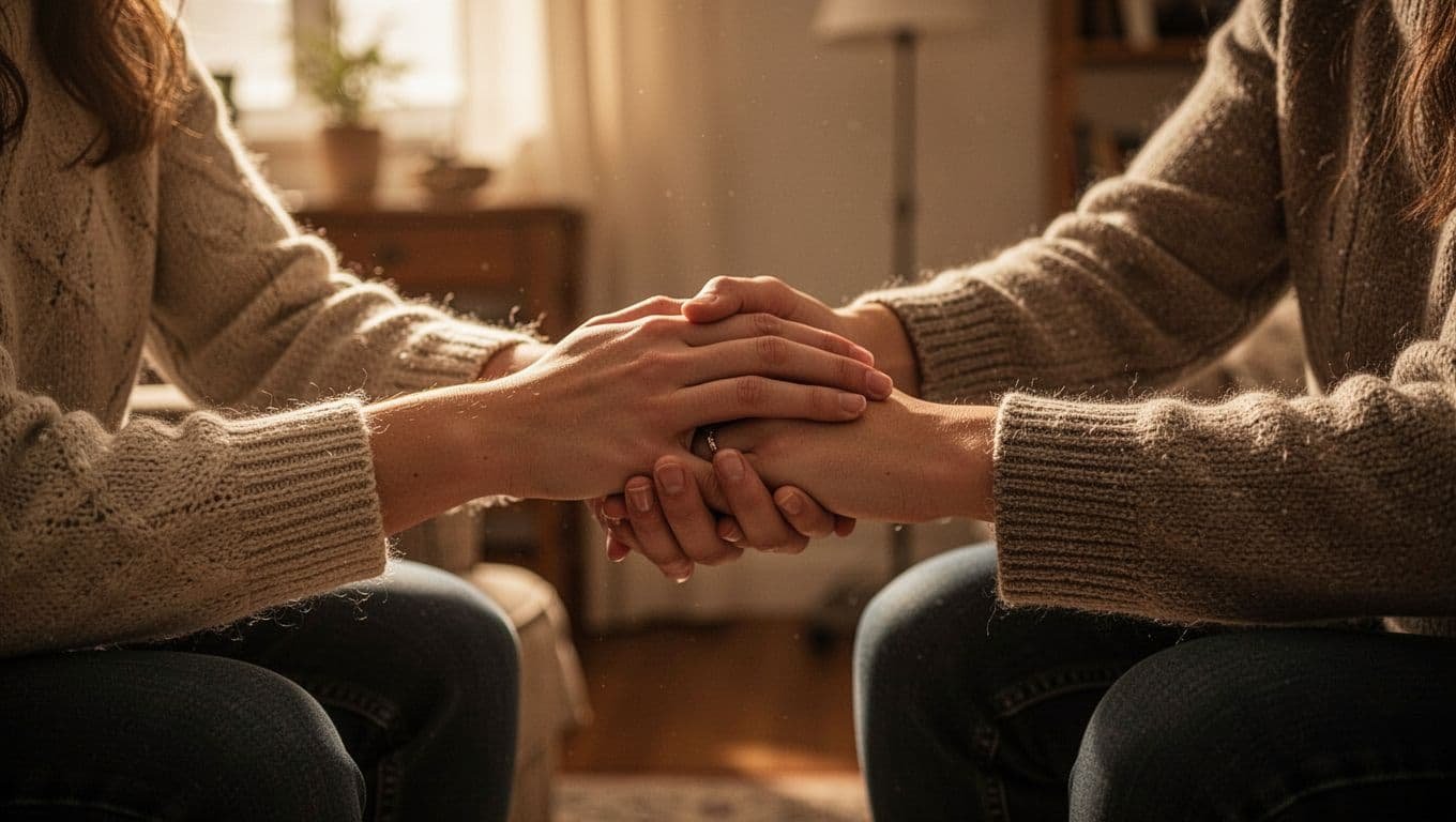 A close-up of a couple gently holding hands in a warm, dimly lit room.