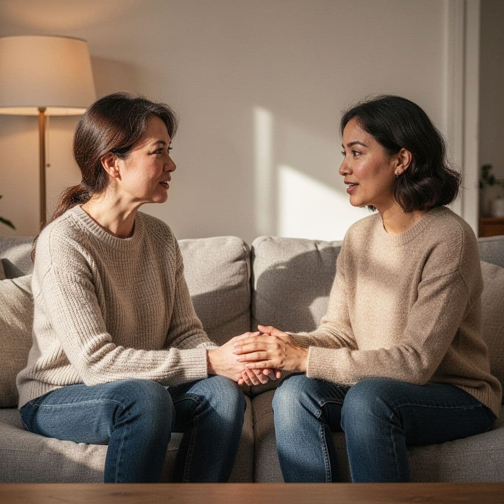 A man and woman sitting together on a living room sofa having a supportive conversation.