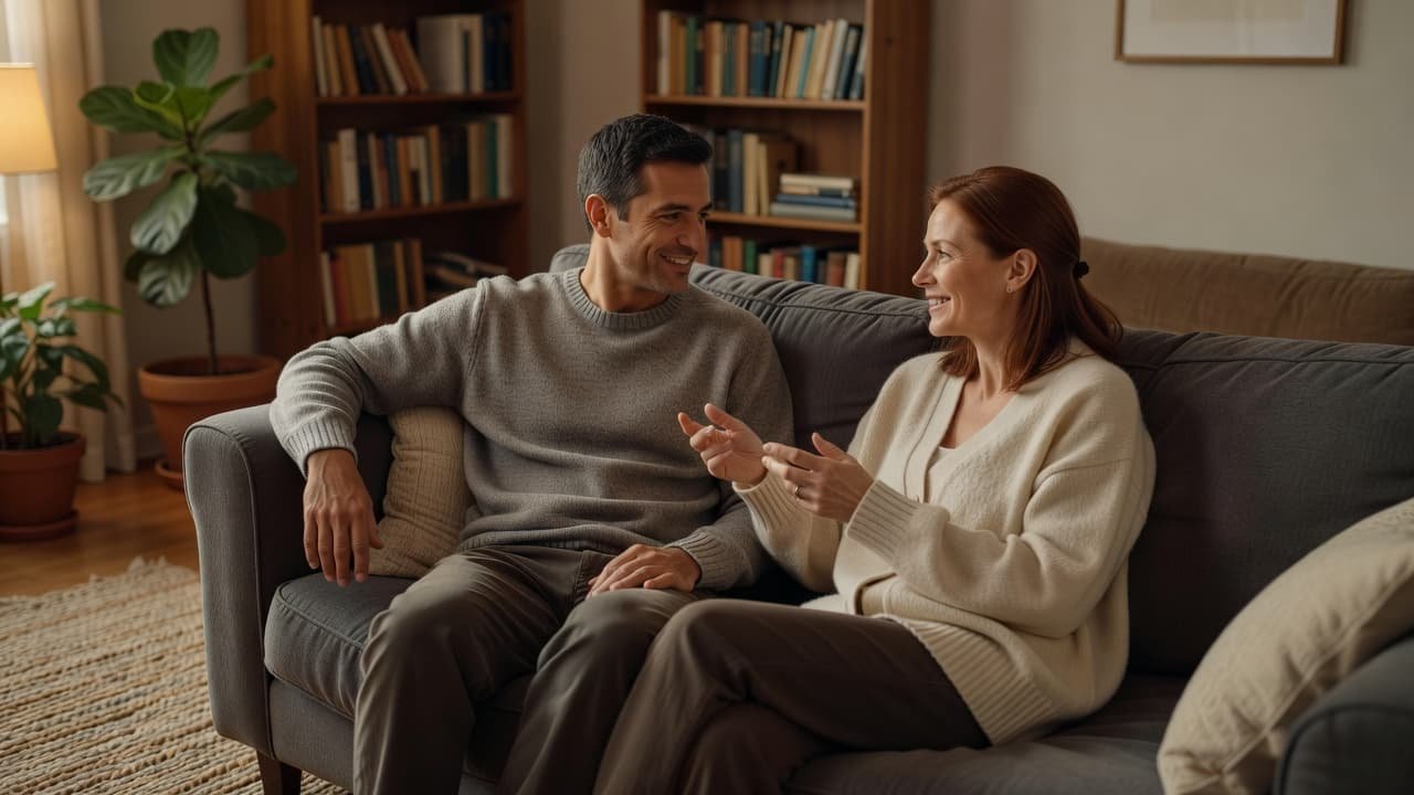 A man and a woman sit on a living room sofa having a conversation.