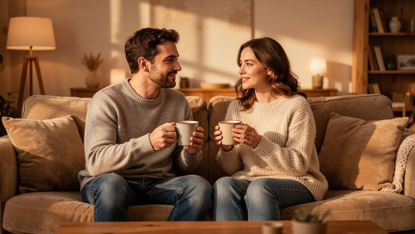 A man and woman sit closely together on a plush sofa, holding warm mugs in their hands while sharing a quiet, attentive moment within a softly illuminated, comfortable home interior.