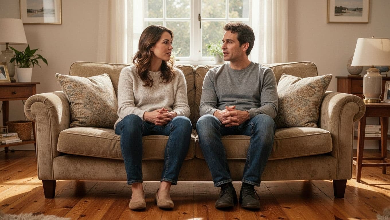 A man and woman sit closely together on a plush beige sofa within a sunlit living room. They share an engaged, gentle dialogue while leaning toward each other in a peaceful setting.