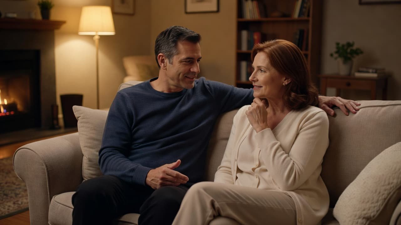 A man and woman talking quietly while sitting together on a comfortable sofa in a dim, cozy room.