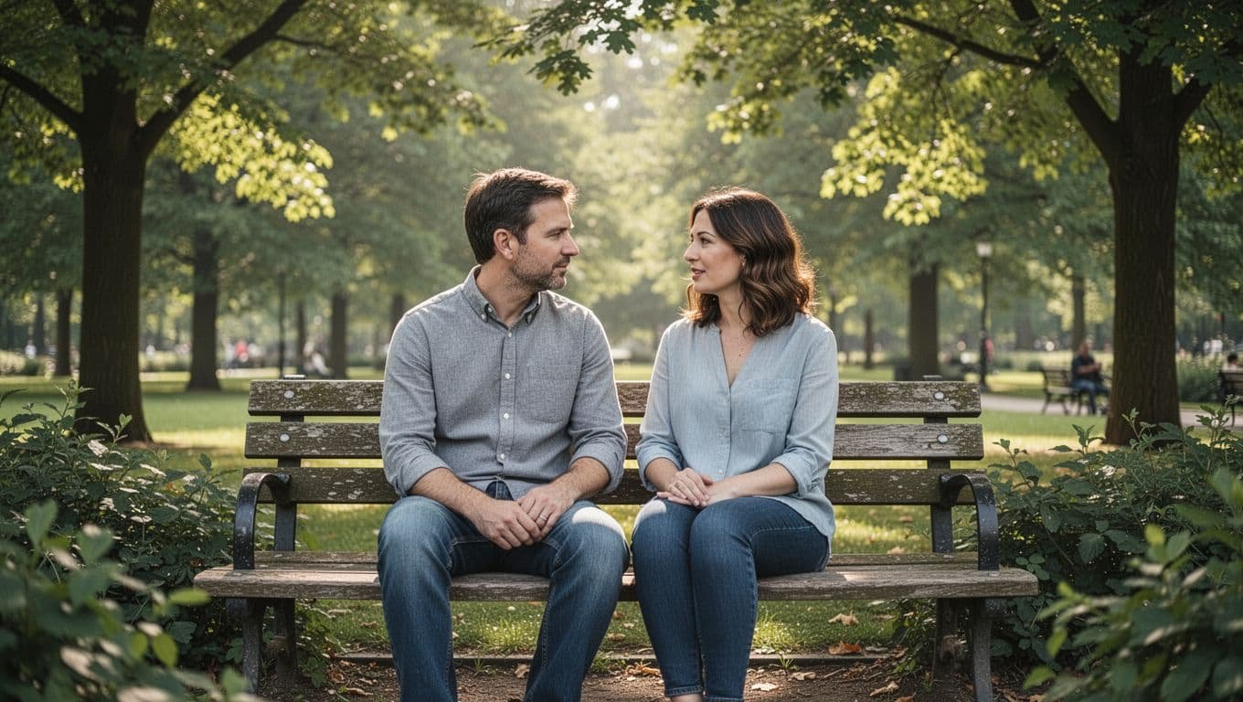 A man and woman sit together on a wooden park bench talking to each other.