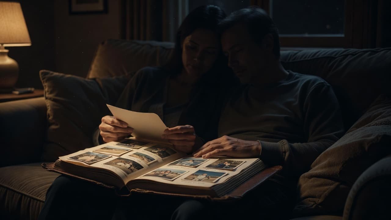 Two people sit closely on a plush couch under soft lamp light, holding an open photo album. Their hands touch the pages while warm shadows accentuate the nostalgic, cinematic atmosphere indoors.