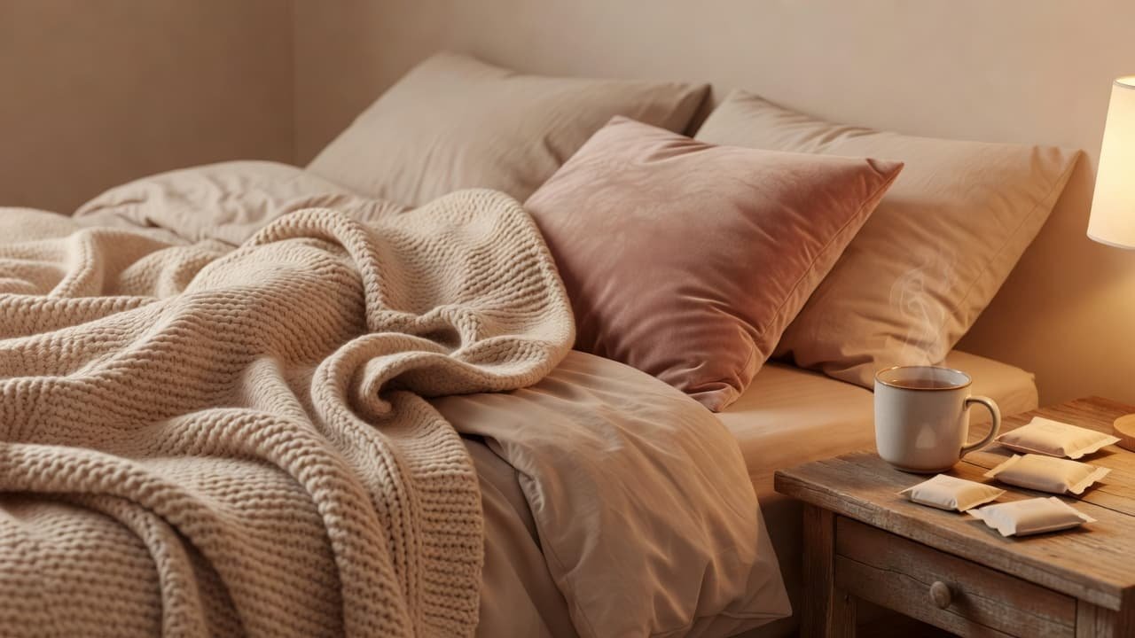 A warm, relaxing bed setup featuring a soft blanket, comfortable cushion, and hot tea.