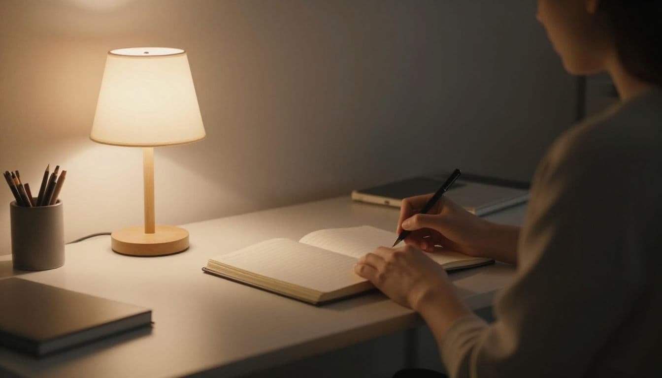 A person writes in a notebook at a desk lit by a warm lamp in a quiet, dark room.
