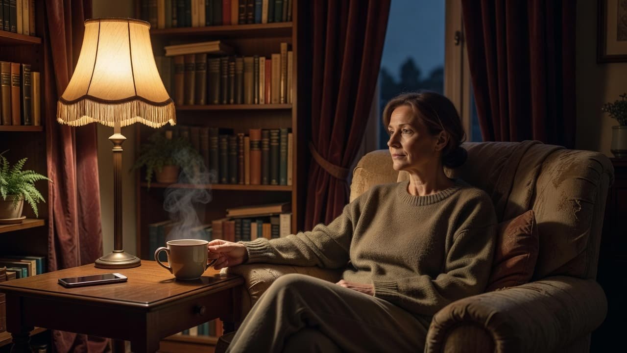 A person places a cup of tea on a side table in a dimly lit, cozy room.