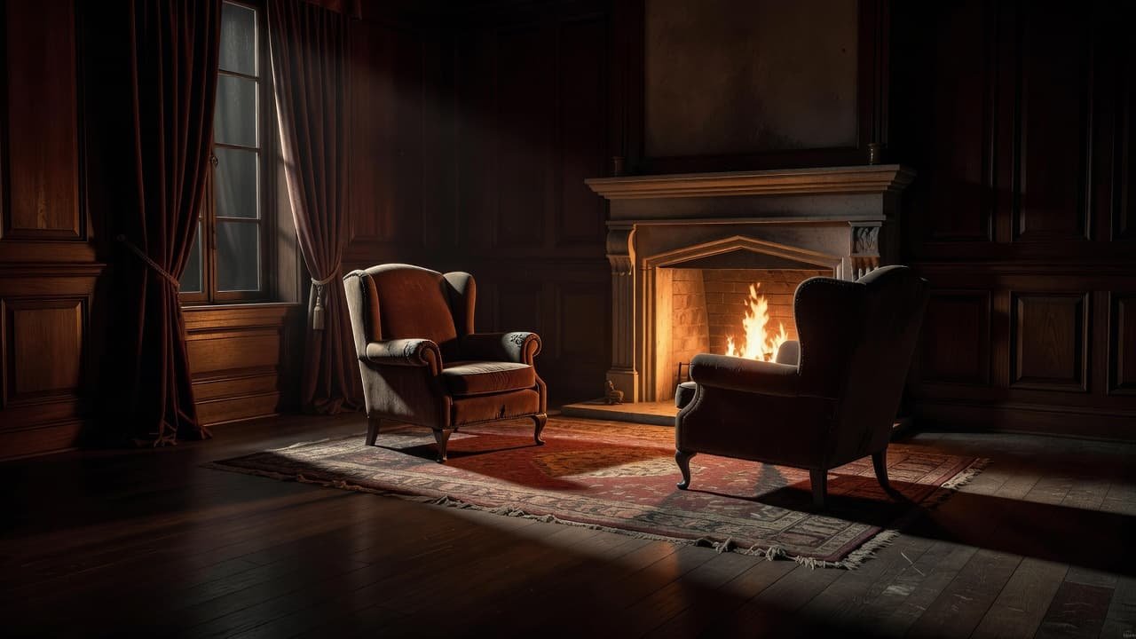 Two armchairs face a warm, glowing fireplace in a dimly lit, quiet living room.