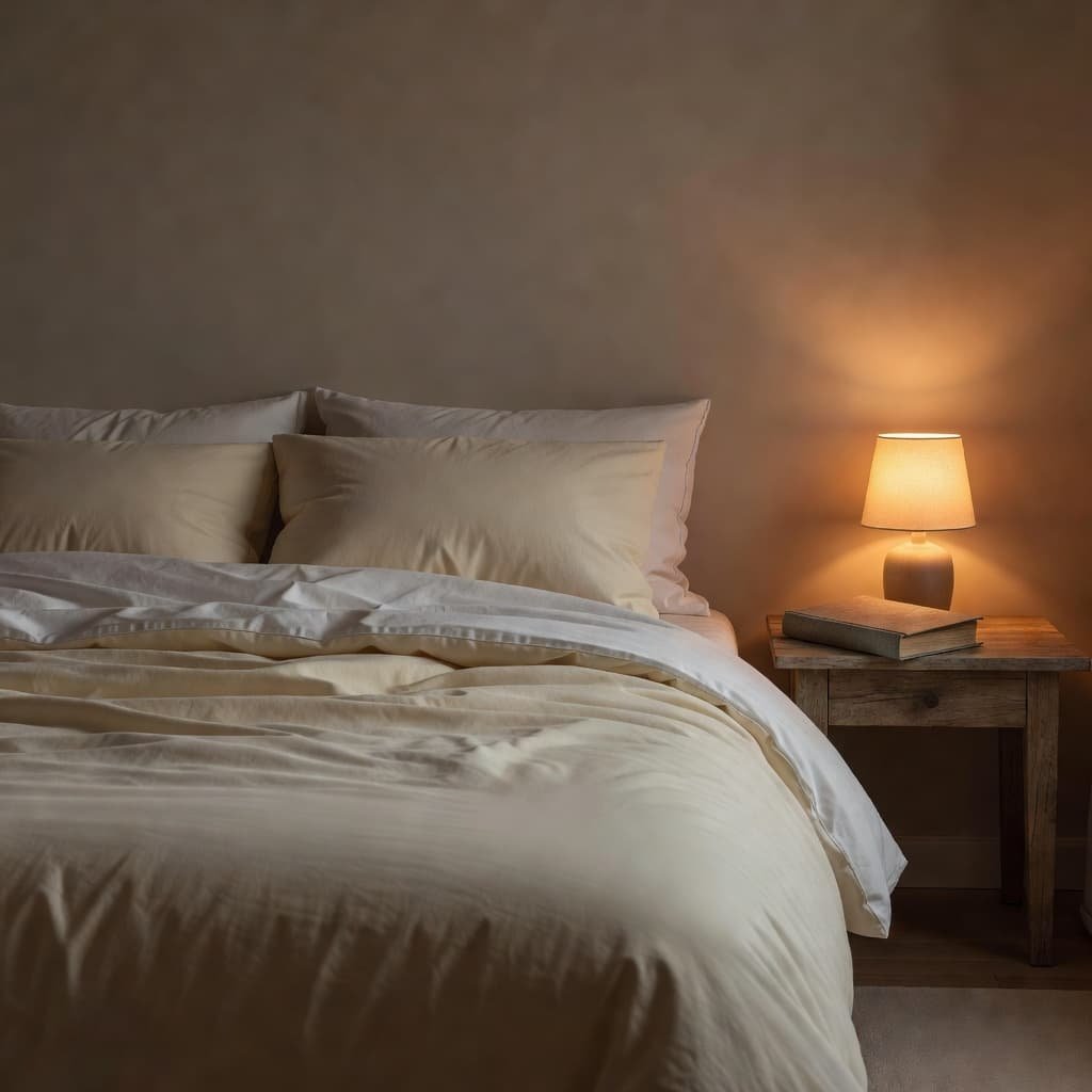 A warm lamp and a closed book on a wooden nightstand in a quiet bedroom.