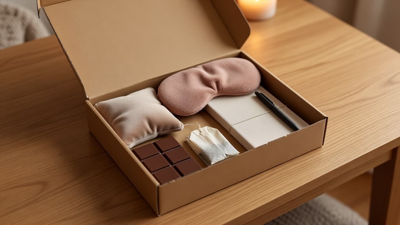 A self-care box containing chocolate, tea, a heating pad, and a journal on a wooden table.