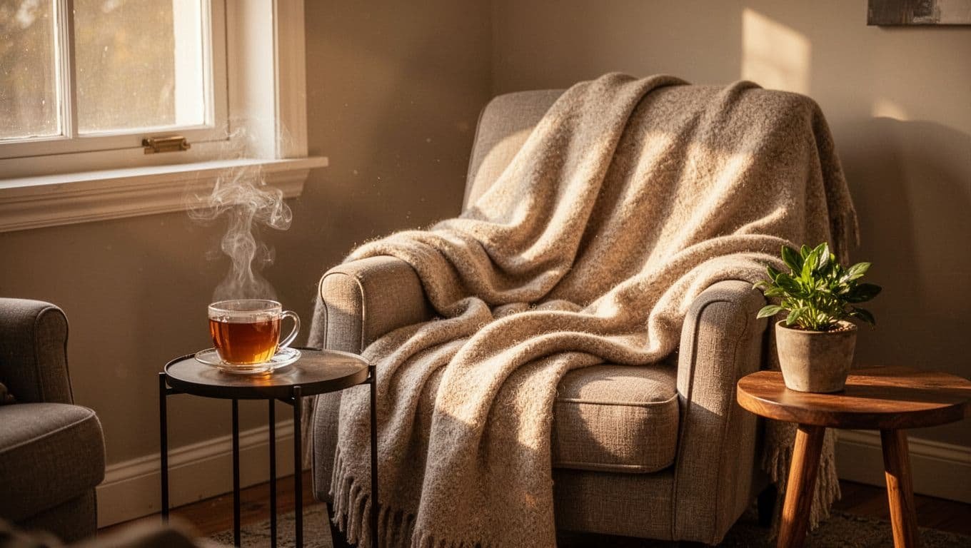 A soft armchair draped with a wool blanket sits beside a small side table holding a warm cup of tea. Sunlight illuminates a green potted plant near a quiet reading area.