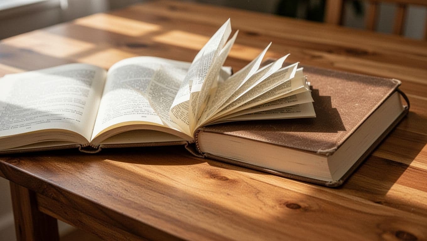 An open notebook and a book rest on a wooden table under soft, natural light.