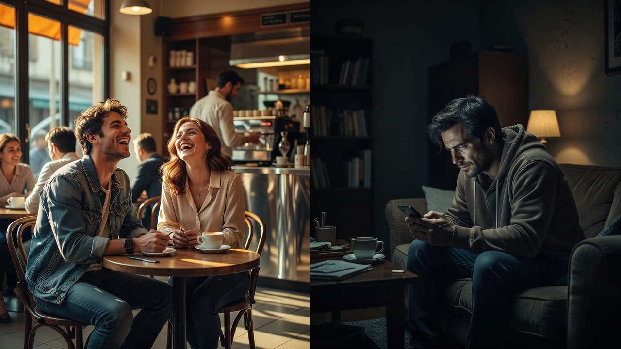 A split frame contrasts a joyful couple sharing a conversation in a vibrant cafe against a solitary individual in a shadowed, dimly lit apartment room staring intently at a mobile device.