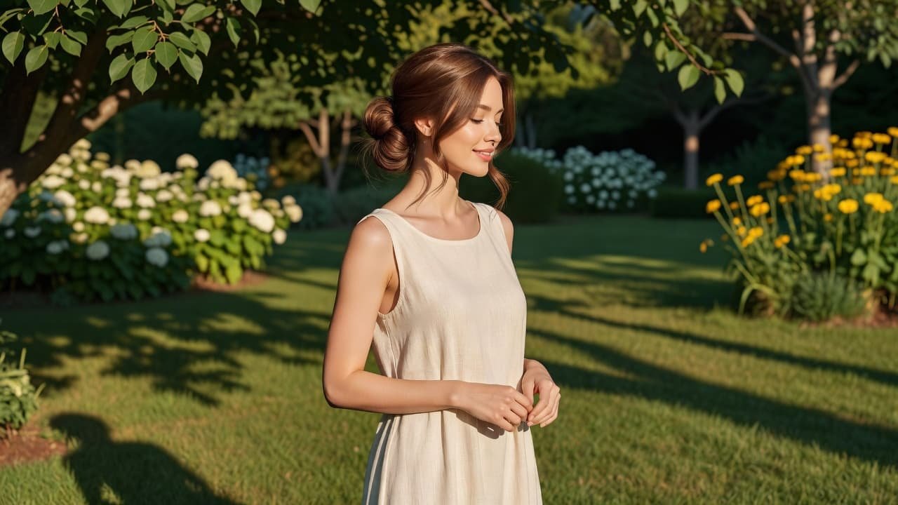 A woman with a neat, low bun stands outside in the warm summer sunlight.