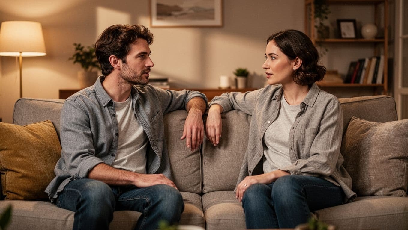Two people sit together on a couch, facing each other while engaged in a comfortable conversation.
