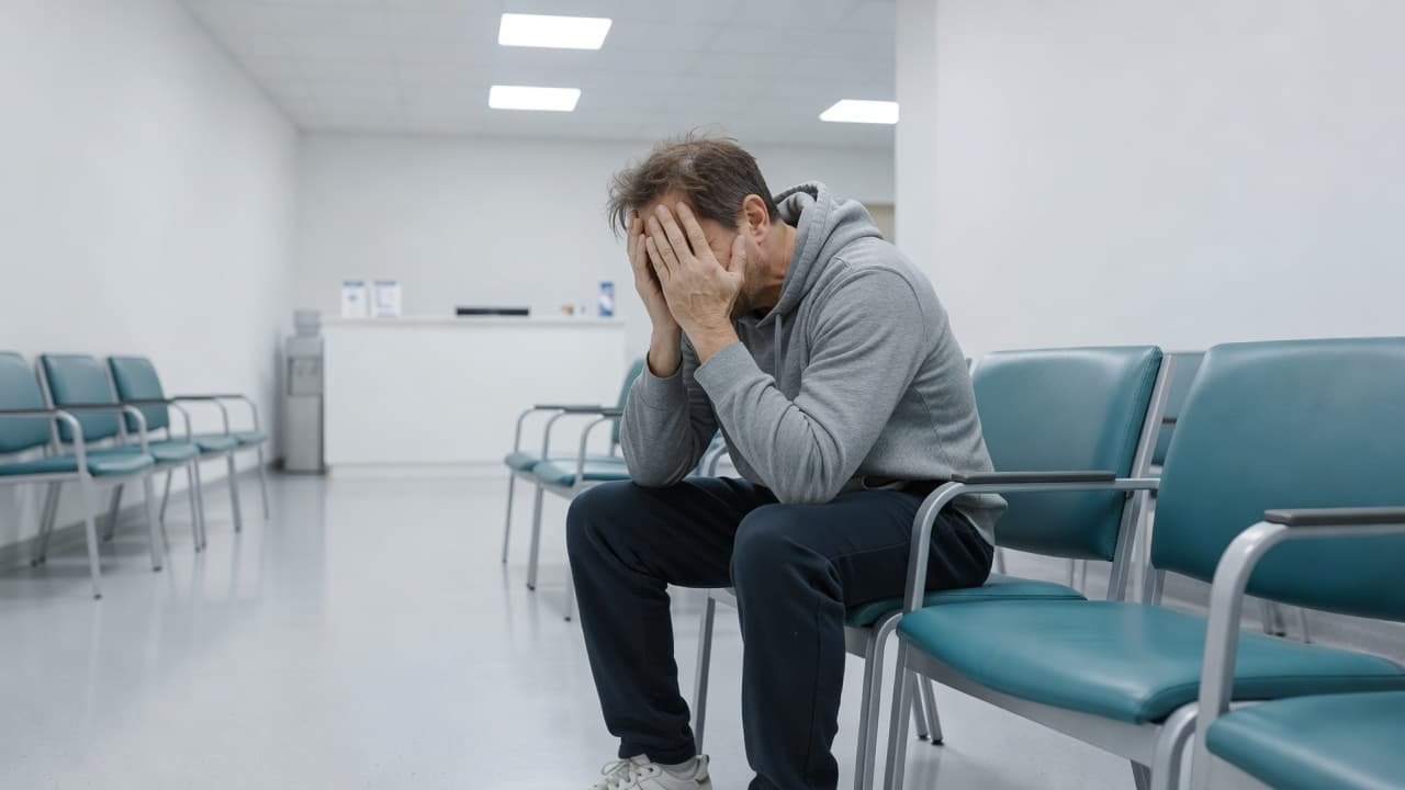 A tired person sitting alone in a bright doctor's office waiting room rubbing their eyes.