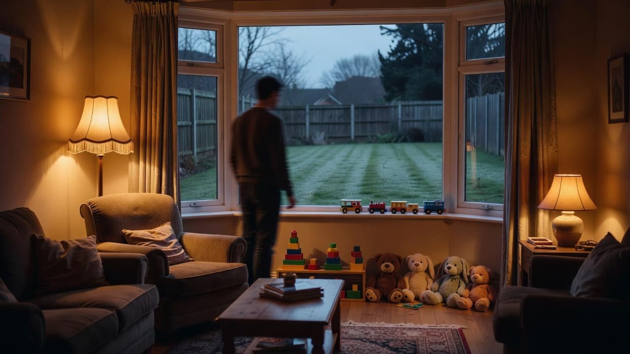 A silhouetted parent watches a quiet garden from a window near a corner of neatly arranged toys.