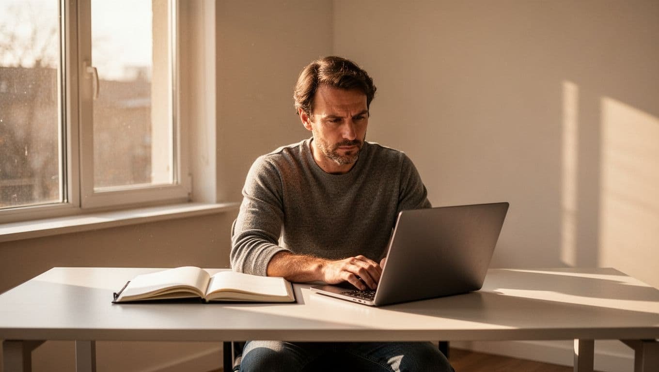 A person focused on work at a sunny desk with a laptop and notebook.