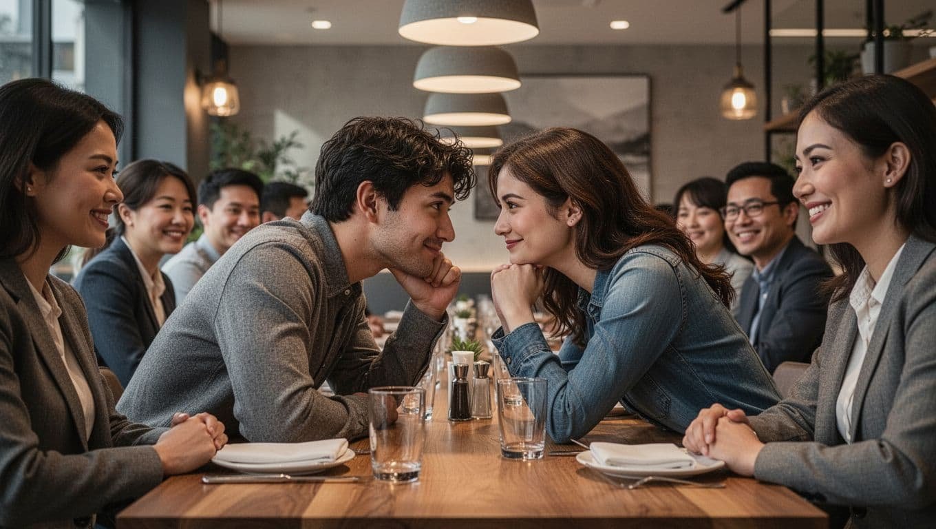 Two people lean toward each other at a restaurant while their friends look on with knowing smiles.