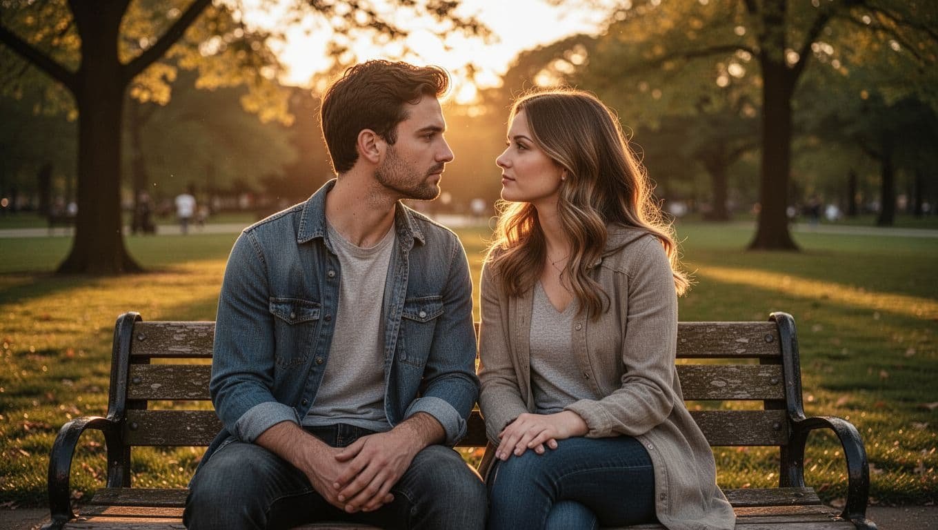 A man and woman sitting in a park at sunset while looking intensely at each other.