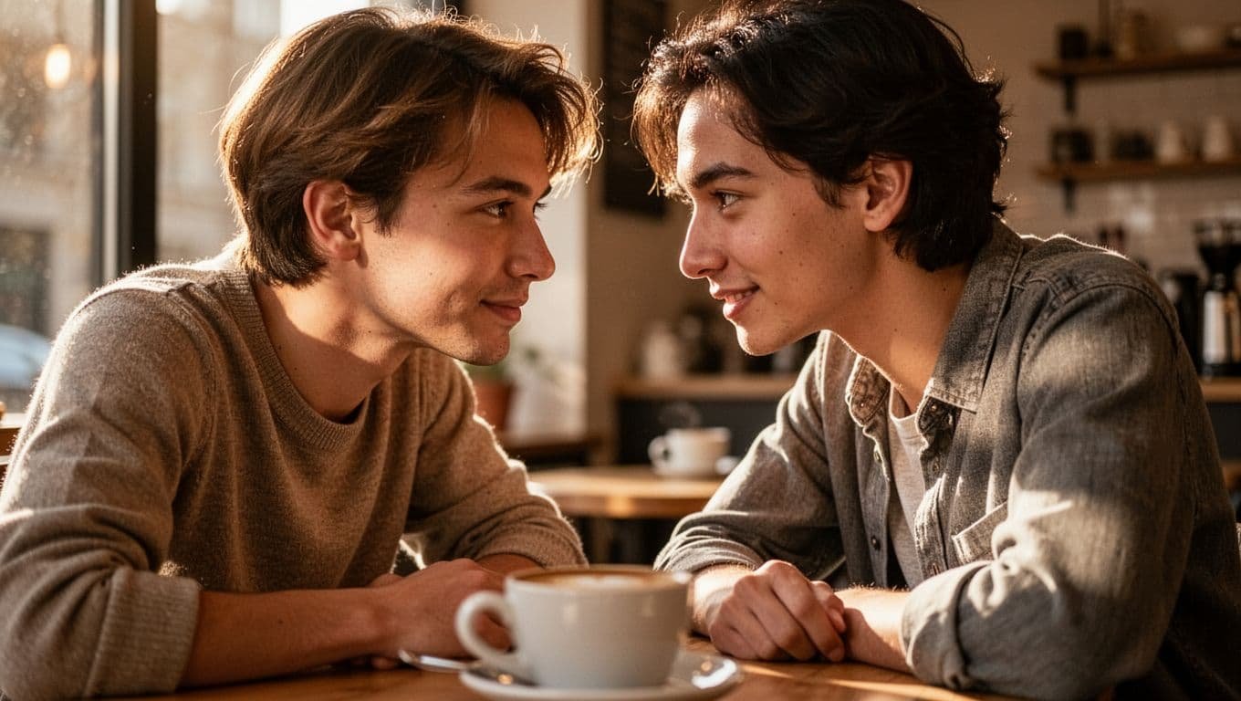 Two people at a cafe sharing a focused, intimate look across a table.