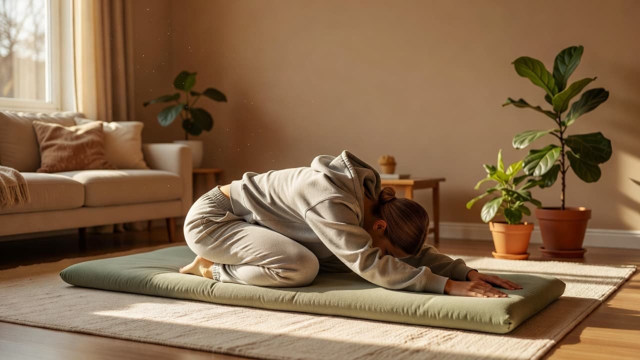 A person performs a child's yoga pose on a mat in a comfortable, sunny living room.