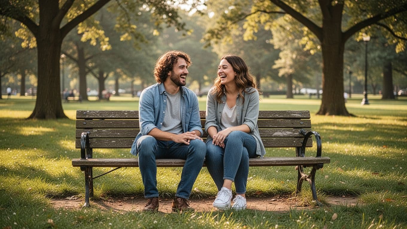 Two friends sitting on a park bench talking and laughing in the sun.
