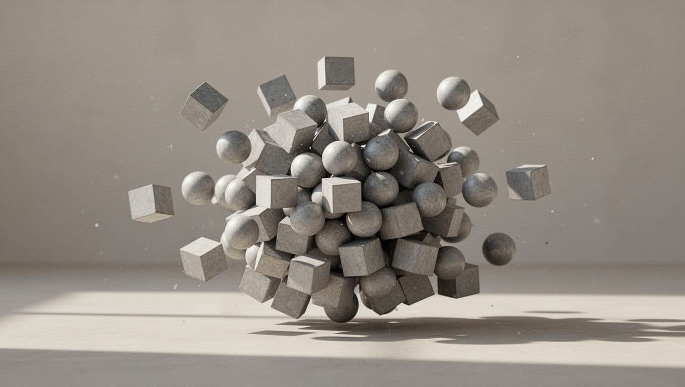 Simple geometric shapes join together to build a larger, complex form under soft lighting.