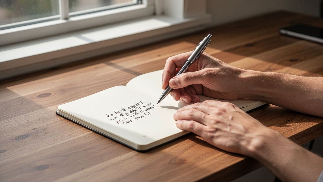 Close up of hands writing in a notebook on a simple wooden desk.