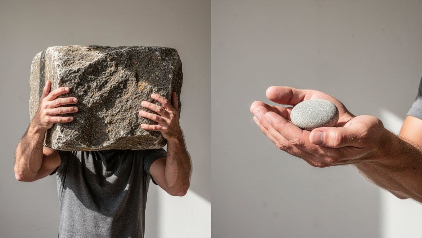 A split-screen illustration showing a person struggling with a large boulder versus someone lifting a small stone.