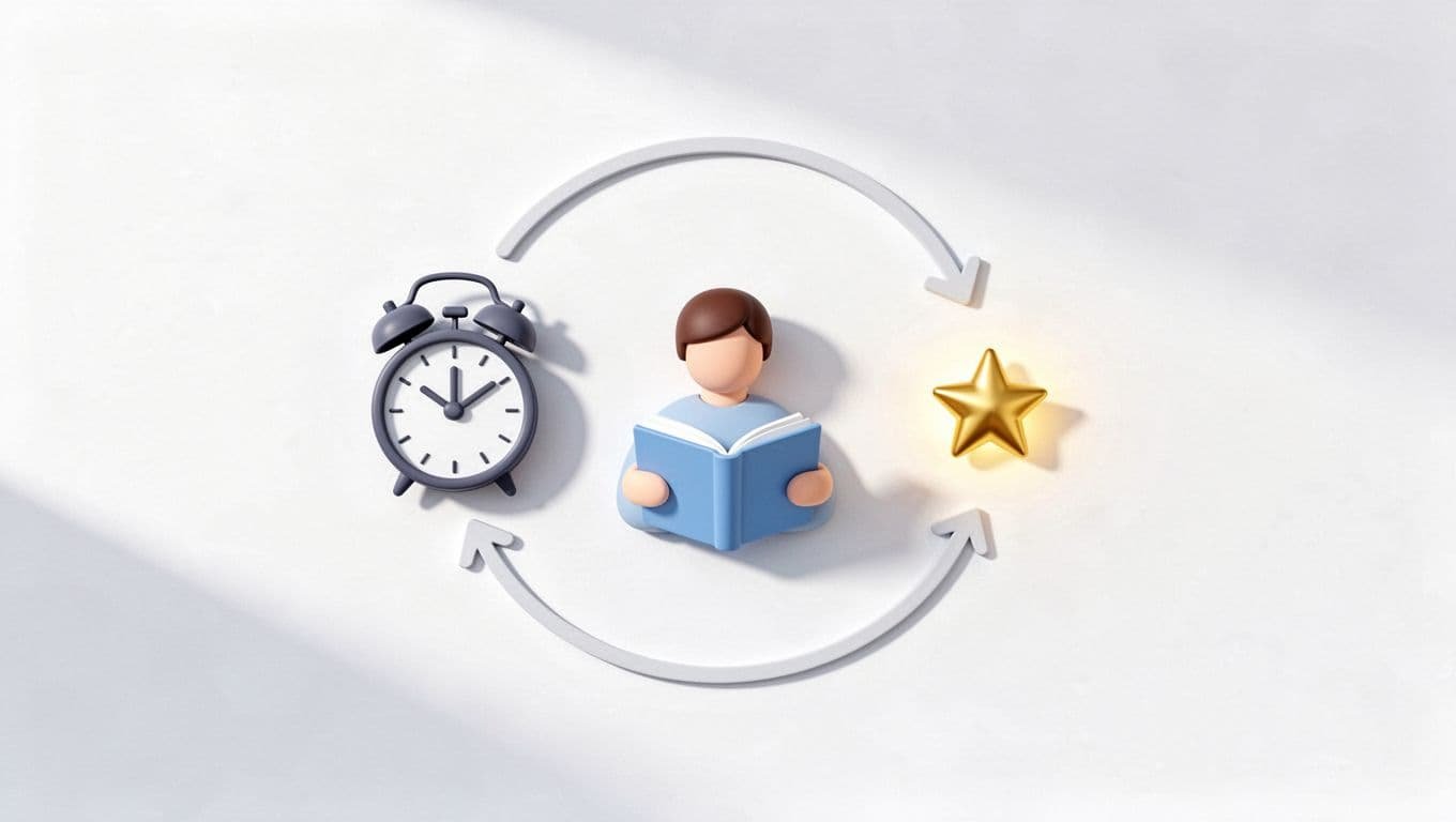 A flat minimalist graphic showing an alarm clock, reading person, and gold star in a cyclical process loop.